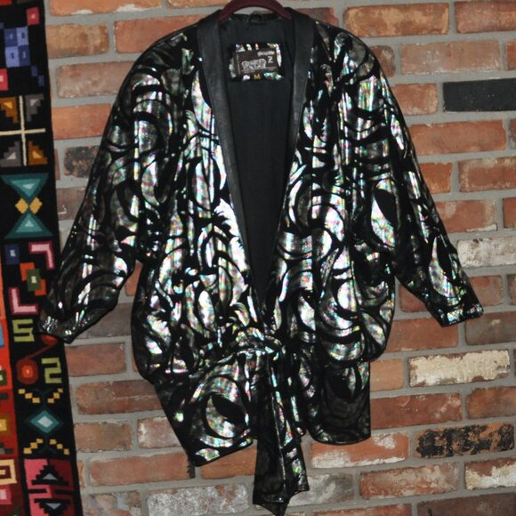 Vtg 90s Avant Garde Metallic BLACK LEATHER Bat Wing Cocoon Jacket CAR Coat M - Picture 2 of 14